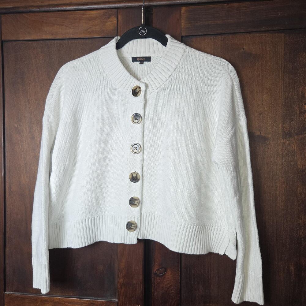 Quince Cardigan Sweater Womens XS White Button Front Organic Cotton Cropped Knit